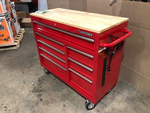 Husky 42 in. W x 18.1 in. D 8-Drawer Red Mobile Workbench Cabinet with Solid Wood Top, Customer return, Review all pictures