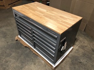 Husky 46 in. W x 24.5 in. D Standard Duty 9-Drawer Mobile Workbench Tool Chest with Solid Wood Top in Gloss Gray, Customer return, Review all pictures