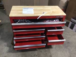 Husky 42 in. W x 18.1 in. D 8-Drawer Red Mobile Workbench Cabinet with Solid Wood Top customer Returns See pics