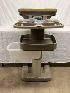 lot 39 image: MSRP $2000 TOP OF THE LINE & Amp AWARD WINNING STRYKER TRU-FIT SPLIT TOP HEIGHT ADJUSTABLE OVERBED TABLE  WSLIDE OUT VANITY COMPARTMENT & MIRROR ON BOTH SIDES PLUS SIDE TRAY WITH CUPHOLDERS & amp SIDE STORAGE COMPARTMENT - LIKE NEW