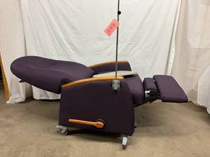 lot 45 image: Clinical Care Comfortable Recliner Patient Mobile Reclining Cloth Purple Chair with IV Pole & and Removable Table - Great Condition