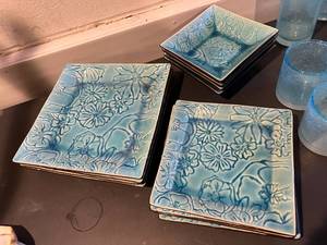 lot 26 image: Blue Floral Dish Set with Blue Glassware