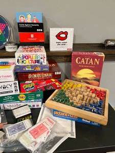 lot 157 image: Board Game Lot 3 Catan, Cards Against Humanity, Adult Party Games, Marble Wood Course and More