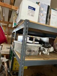 lot 166 image: Contents of Garage Shelf & 2 Metal Shevles- Lighting Materials