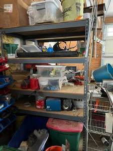 lot 168 image: 2 Metal Shelves & Contents of Garage Shelf #2 - Tools and Straps Lot