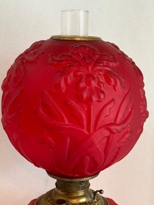 lot 2 image: Beautiful Antique Red Satin Kerosene Base and Globe Electric Lamp
