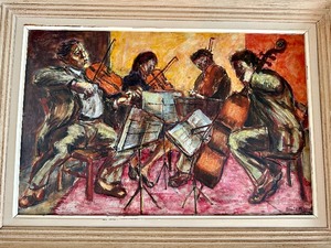 lot 3 image: Oil on Board Painting by Daniel Milhaud Entitled, String Quartet