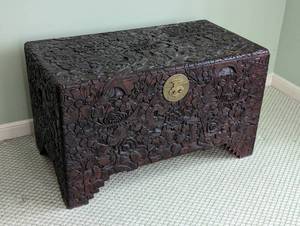 lot 10 image: Vintage Chinese Carved Camphor Wood Storage Chest