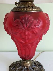 lot 13A image: Antique Bradley and Hubbard Red Satin Iris Table Lamp