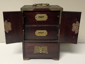 lot 234 image: Vintage Asian Wooden Jewelry Box with Brass Accents