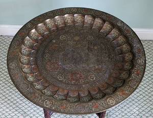 lot 96 image: Brass Tray Table with Ornately Carved Wood Base