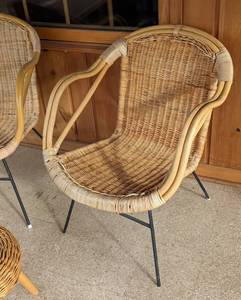 lot 18 image: Pair of Vintage Wicker Armchairs and Footstool
