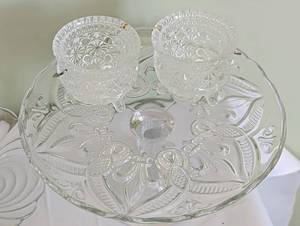 lot 360 image: Vintage American Pressed Glass Tableware, Vintage American Pressed Glass Cake Stand, American Pressed Glass Banana Boat & More