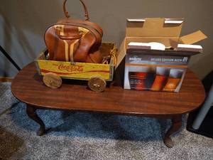 Coffee Table, Vintage Coke Crate Wagon, Bowling Ball & Beer Set