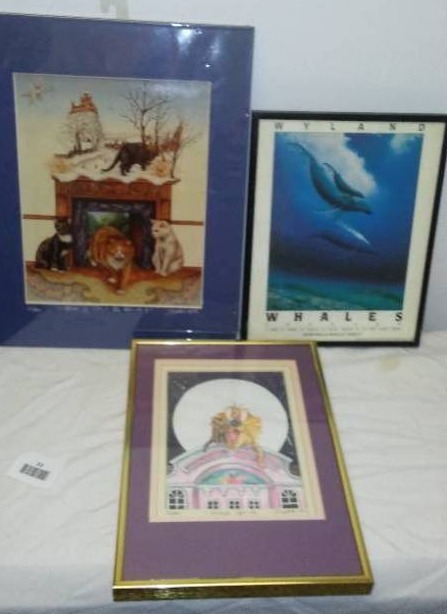 lot 33 image: Prints - Denise Satter, Prague Spring & Home Hearth Wyland Whales