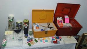 lot 27 image: Sewing Galore  Pinking Shears, Thread (2) Boxes, Buttons  WOW