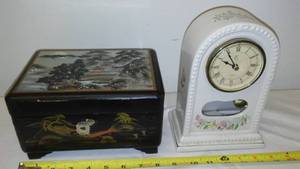 lot 62 image: Asian Style Jewelry Box With Windup Music Box And Ceramic Clock
