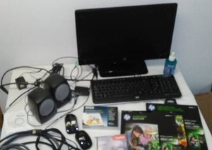lot 77 image: HP Monitor, Keyboard Plus Speakers, Wireless Mouse, Photo Paper, Cords And More