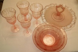 lot 140 image: Pink Cherry Blossom Depression Glass and more.