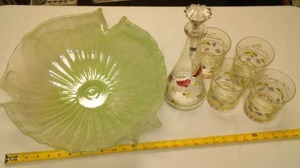 lot 163 image: 16-Inch Glass Bowl, Carafe And Glasses.