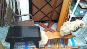 lot 200 image: Wood Lot, Coat tree, Rucking bars, Card table and more