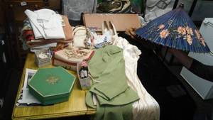 lot 208 image: Vintage Lot. Parasol, clothing, dolls and more.