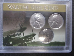 23. 1943-P, D and S Emergency Issue Steel Pennies in a H.E Harris P-40 Warhawk Case