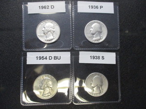 25. Lot of 4 Washington Silver Quarters 36-P, 38-S, 54-D (High End), 62-D (Nice)