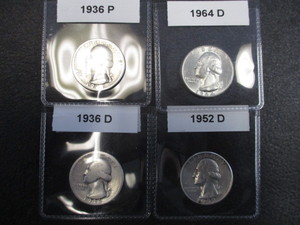 26. Lot of 4 Washington Silver Quarters 36-P, 36-D, 52-D, 64-D (Nice)