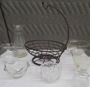 BRONZE  BROWN METAL FRUIT BOWL  VINTAGE CRYSTAL AND GLASS