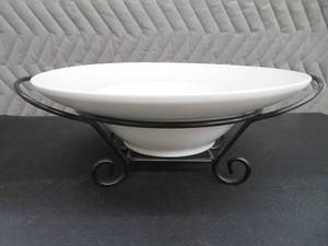 HUGE STONEWARE BOWL WITH METAL HOLDER
