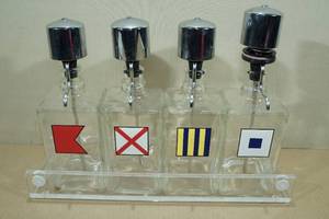 Vintage Set of 4 Nautical Flags Glass Liquor Pump Dispensers with Tray