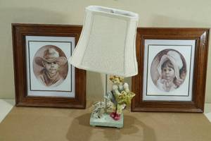 2 Framed Western Child Pictures with Lamp