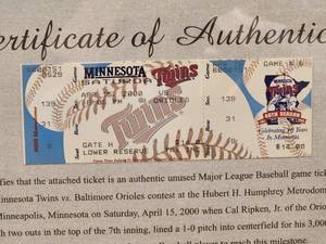 lot 108 image: Minnesota Twins vs Baltimore Orioles April 15, 2000 Unused Game Ticket Stub
