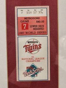 lot 110 image: White Framed 1987 World Series Minnesota Twins vs St Cardinals Game 7 Ticket