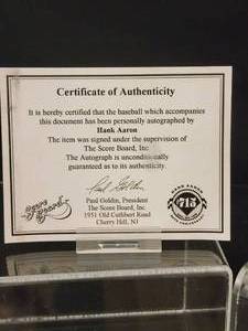 lot 66 image: Hank Aaron Autographed Baseball with COA