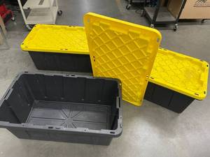 lot 8 image: Lot of 3 - HDX 38-Gallon Tough Tote Storage Bins  Containers with Yellow Lid
