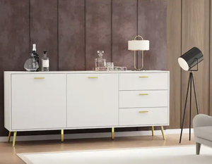 lot 50 image: FUFU&GAGA 69 in. White Wood 2-Door and 3-Drawers Storage Accent Cabinet With Metal Leg Storage Cupboard, TV Stand Buffet Sideboard