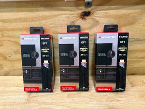 lot 37 image: MONSTER Lot of 3- 6ft High Speed 4K Hdr Hdmi Cables with Built-in Red Led Light, Gaming, Video, and Computer