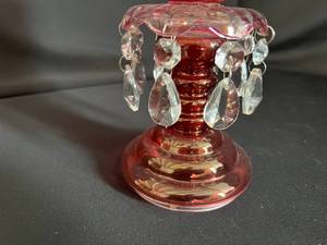Pink Glass Candle Holder with Hanging Crystals
