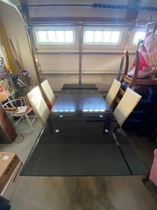 Black Glass Top Dining Table and 4 Faux Leather Chairs Bring Help to Move