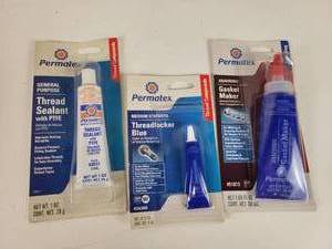 lot 75 image: NOS - Permatex Gasket Maker (1.69oz), Permatex Medium Thread Locker (0.20oz) and General Purpose Thread Sealant (1oz)