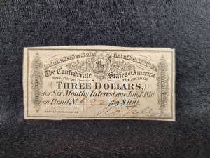 Confederate States of America $3.00 Coupon on $100.00 Bond