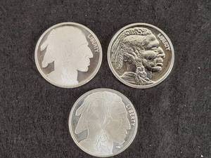 (3) 1oz .999 Fine Silver Buffalo  Indian Head Rounds