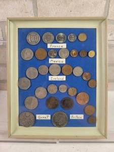 Framed Collection of Foreign Coins - Great Britain, France, Mexico and Ireland