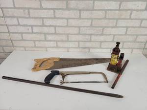 lot 531 image: Tire Bar, 1.5 Ton Bottle Jack (works), Wood Saw and Hacksaw - NO SHIPPING
