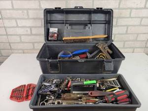 lot 579 image: Toolbox full of Tools - Wrenches, Sockets, Knives, Multimeter, Screwdrivers, Drill Bits, RIDGID Pipe Wrench and More