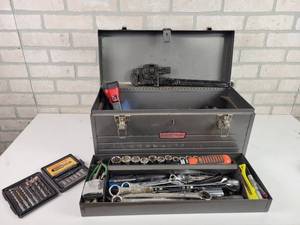 lot 580 image: Nice Steel Craftsman Toolbox FULL of Tools - Wrenches, Sockets, Screwdrivers, BONNEY Pipe Wrench, Cordless Screwdriver, Drill