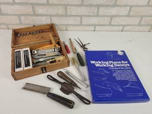 lot 581 image: Assorted Wood Carving Tools in wood Box and Duck Decoy Wood Carving Plans