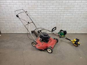 lot 620 image: Push lawnmower, MAC Weed Trimmer and Weed Eater Trimmer - All Pull Over - NO SHIPPING